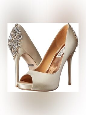 Badgley Mischka Champagne Kiara Satin Peep-Toe Crystal Platform Pump Kiara
